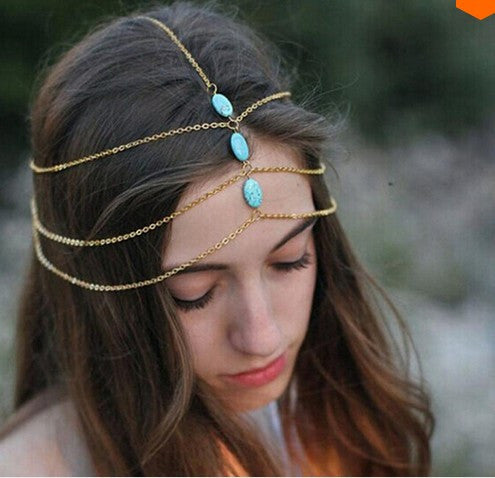 Multi Layer Gold Metal Turquoise Head Chain Hair Jewelry